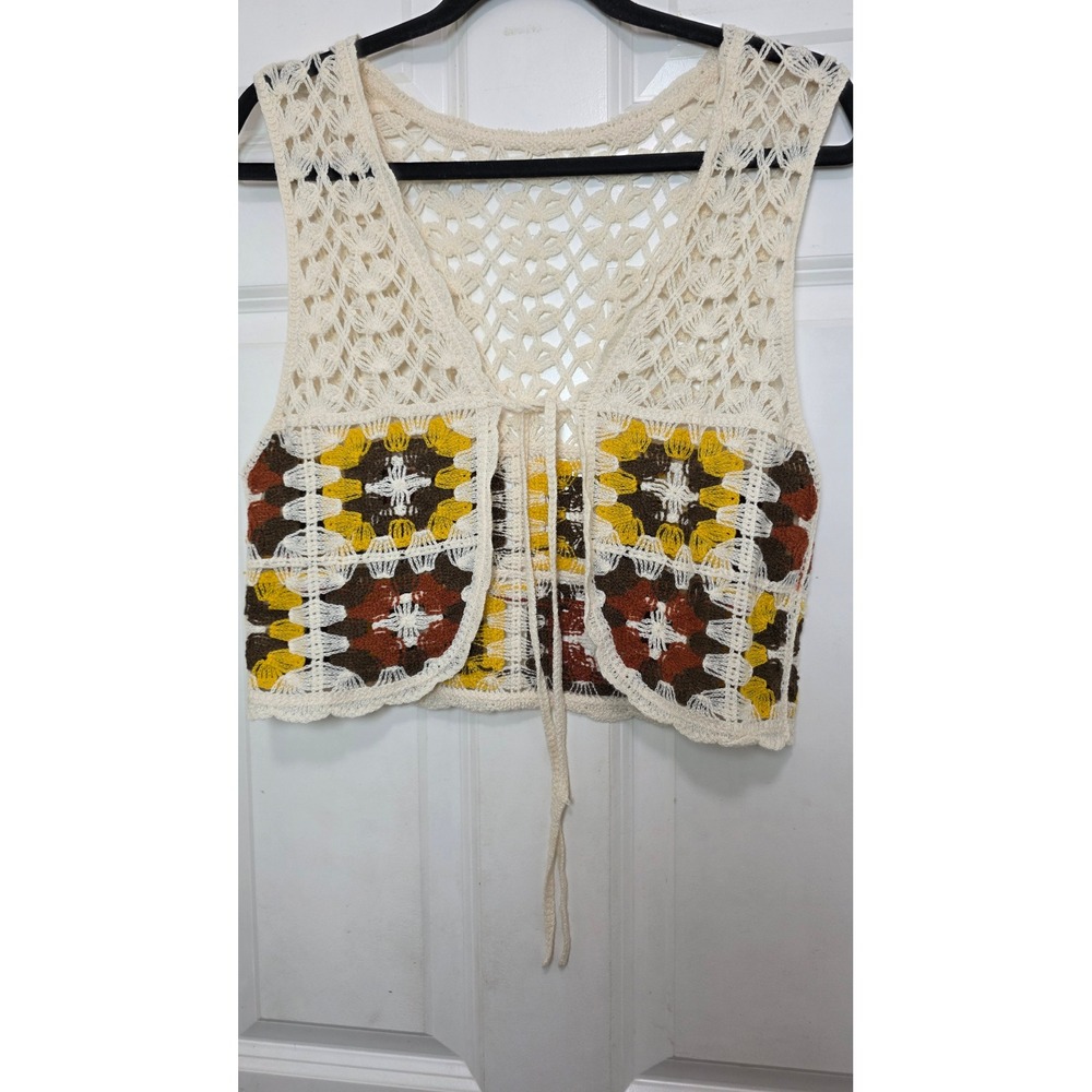 Crochet Granny Square Vest Women's OS Cream Boho Festival Hippie Cropped